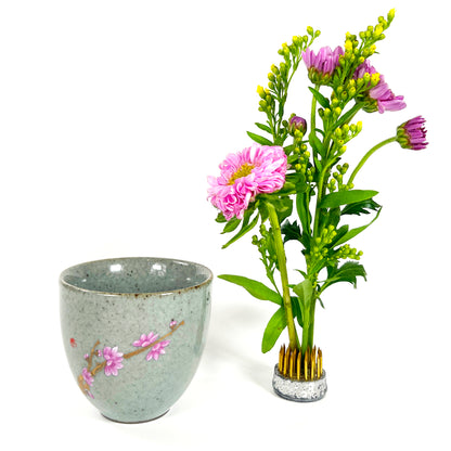 Mini Gray with Floral Motif Porcelain Ikebana Vase with Flower Frog – Japanese Inspired Flower Holder