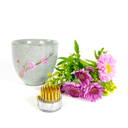 Mini Gray with Floral Motif Porcelain Ikebana Vase with Flower Frog – Japanese Inspired Flower Holder