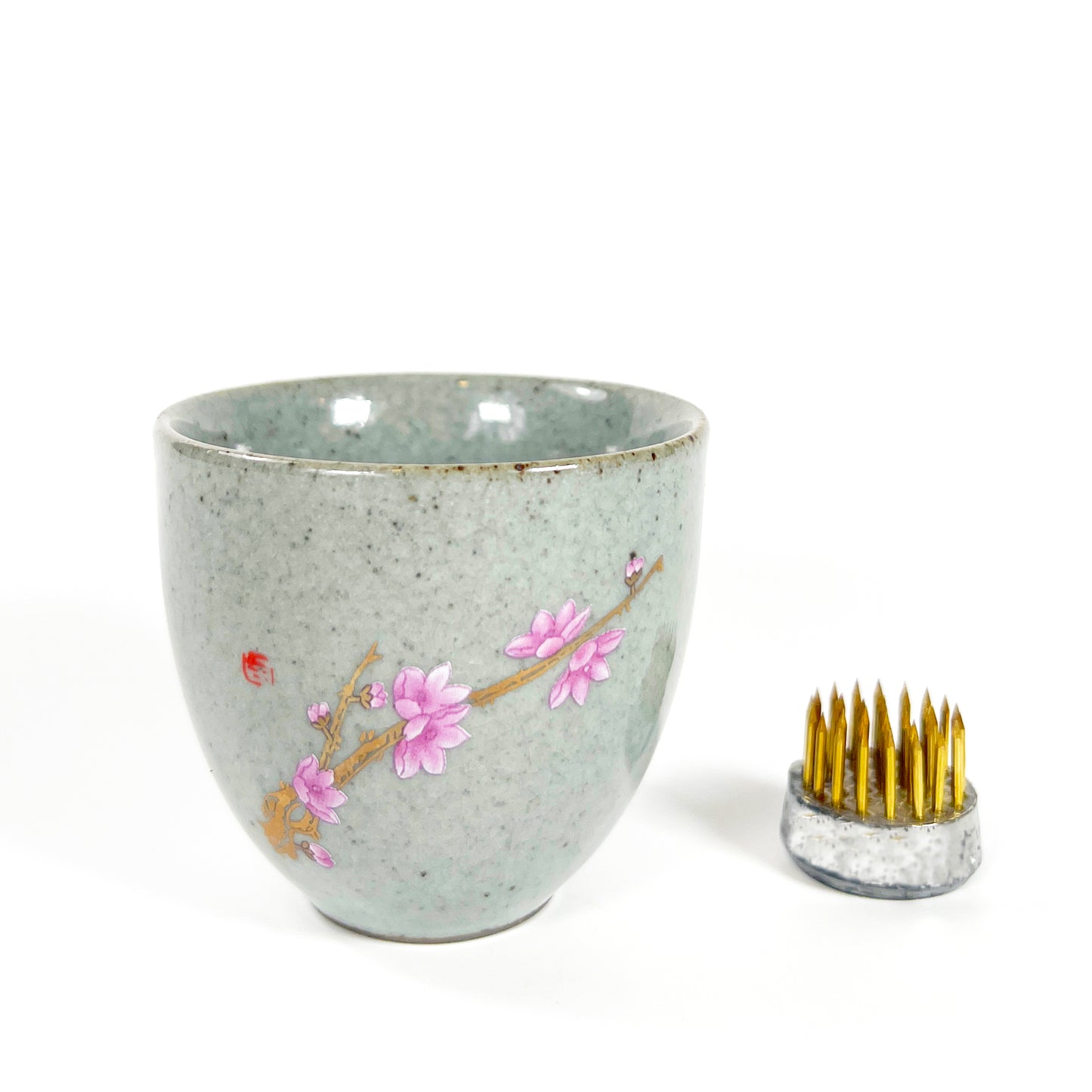 Mini Gray with Floral Motif Porcelain Ikebana Vase with Flower Frog – Japanese Inspired Flower Holder