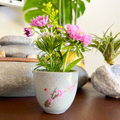 Mini Gray with Floral Motif Porcelain Ikebana Vase with Flower Frog – Japanese Inspired Flower Holder