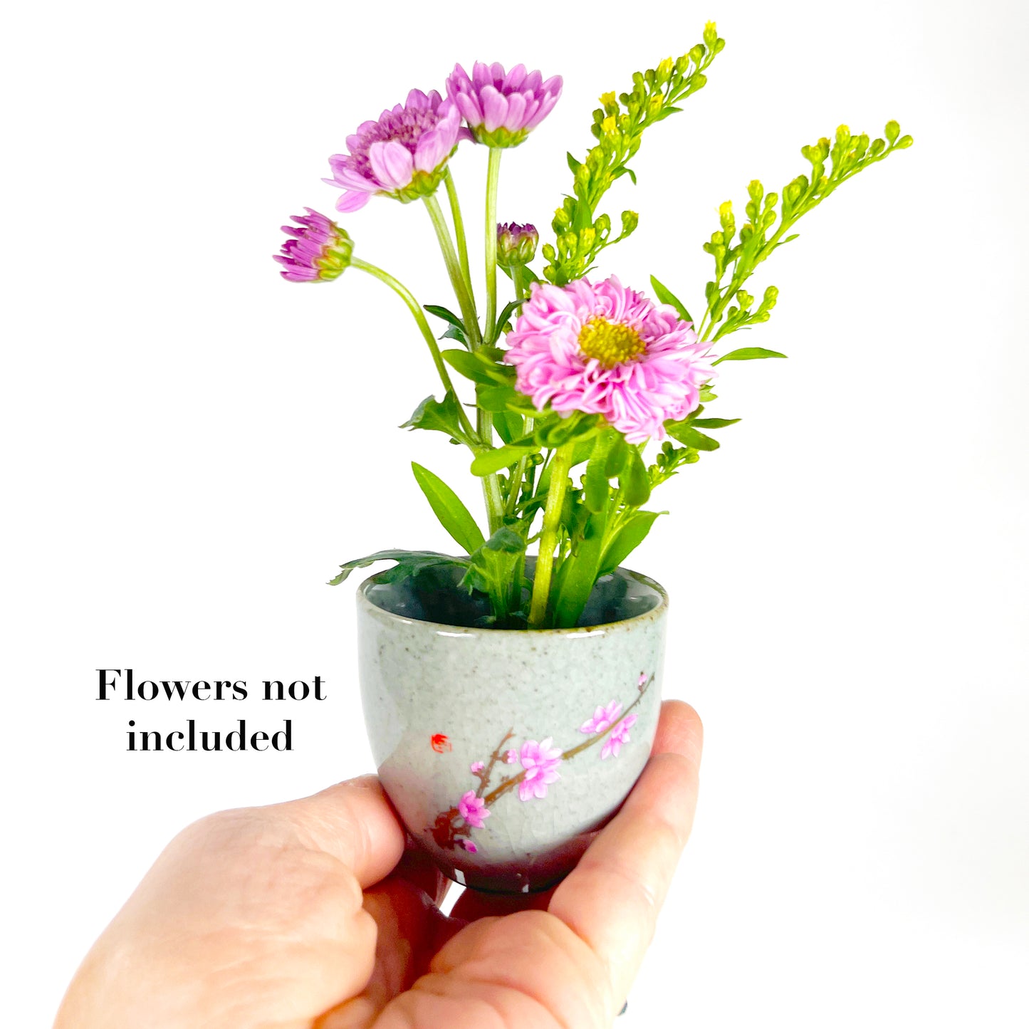 Mini Gray with Floral Motif Porcelain Ikebana Vase with Flower Frog – Japanese Inspired Flower Holder